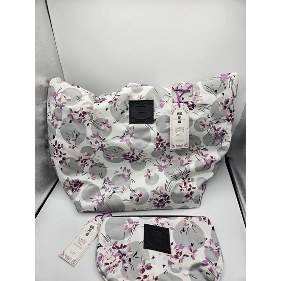 Anna Sui for PB Teen Flower Dot Collection Tote and Pouch NWT Gray Purple Floral - Picture 2 of 13